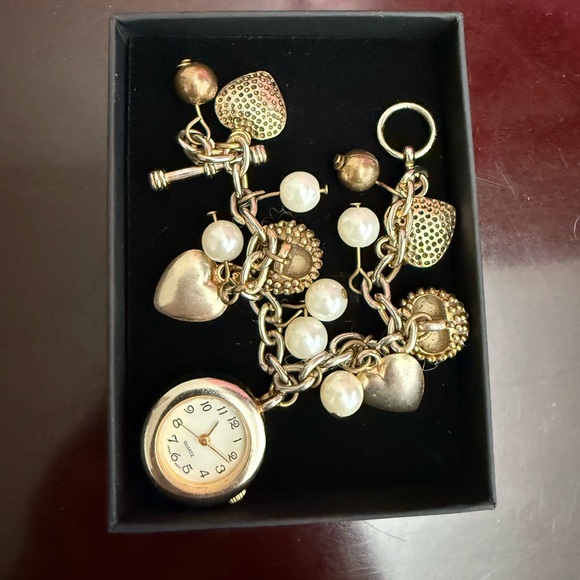 No Boundaries Jewelry - Vintage Gold Charm Bracelet with Watch and Pearls